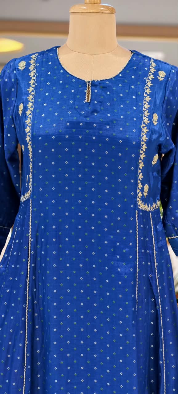 Electric Blue Russian Silk Bandhej Print With Elegant Minimal Motifs A-Line Full Suit Set With Dupatta- 16670