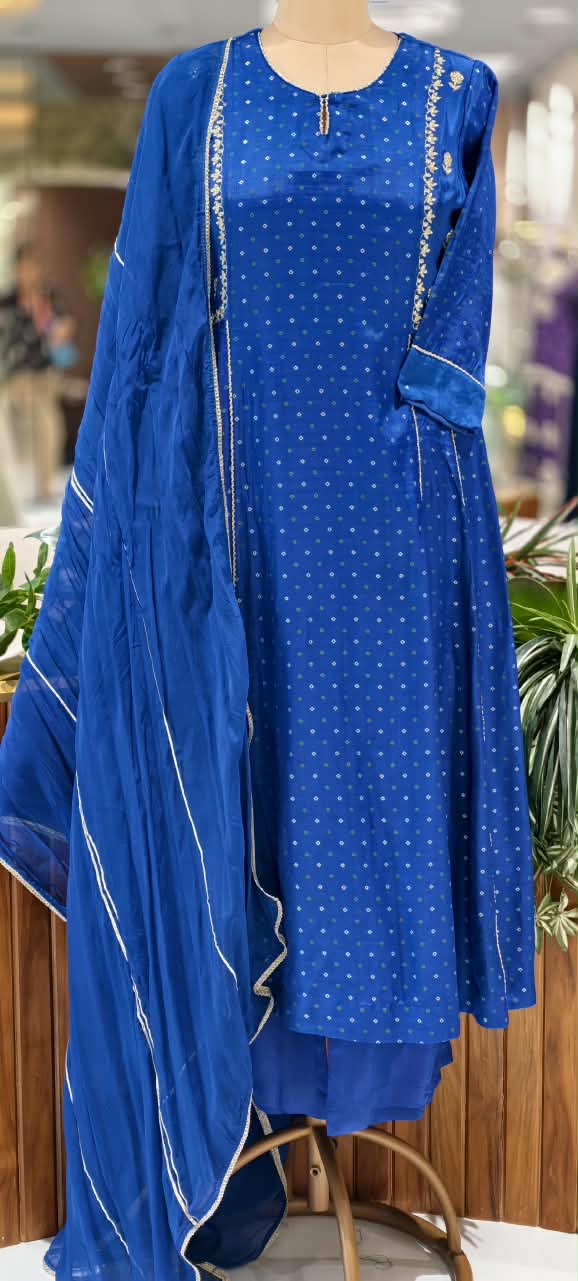 Electric Blue Russian Silk Bandhej Print With Elegant Minimal Motifs A-Line Full Suit Set With Dupatta- 16670