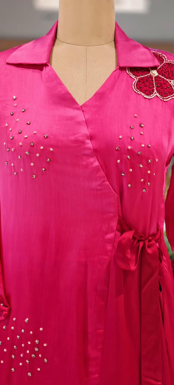 Modal Satin Ombre Shade Stylish Side Knot Collar Style Sequin Scattered Co-Ord Set- 16636