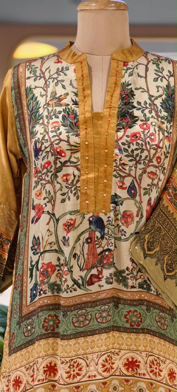 Figure Gardenia Rich Digital Print Mustard Elegance Long Length Kurta Pant Set- 16588