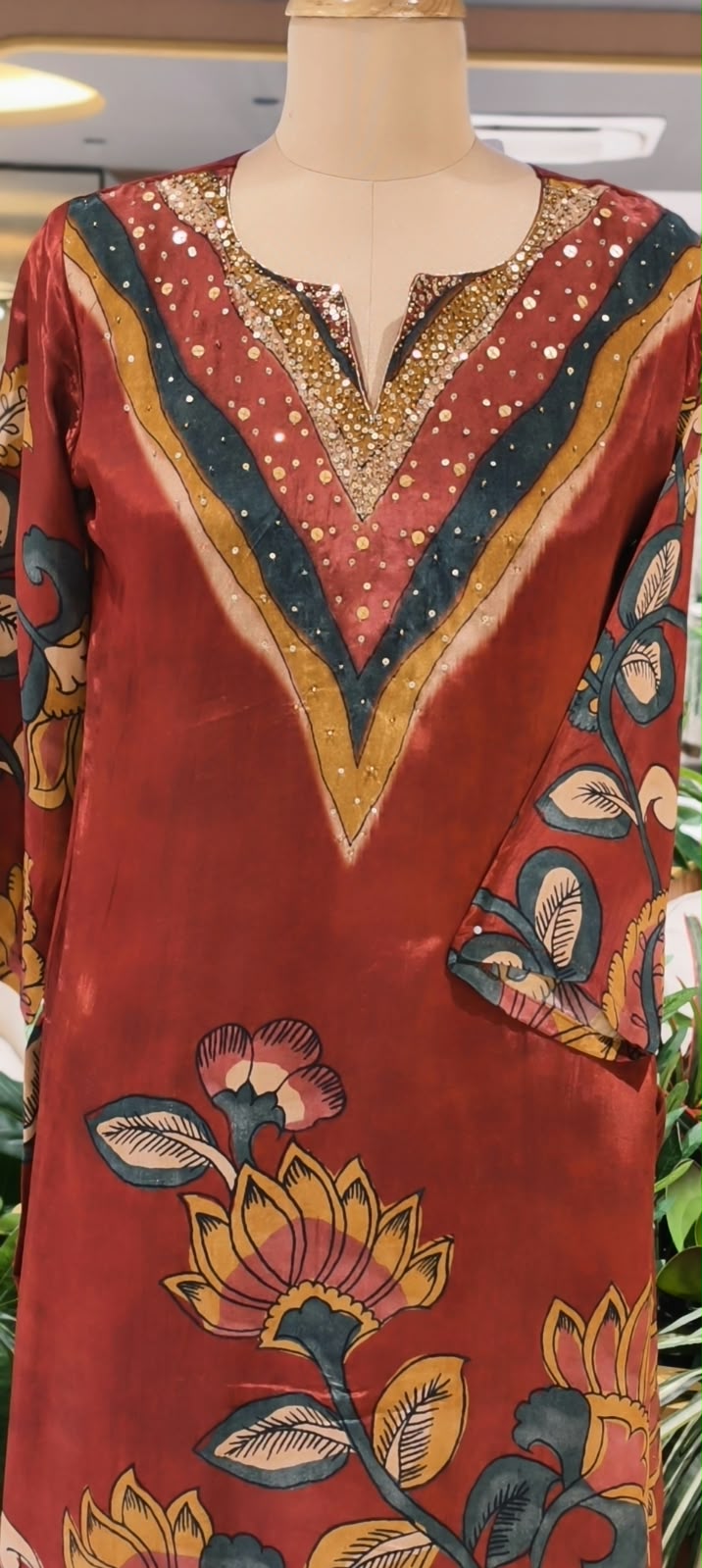 Flowy Crepe Kalamkari Print Sequin Touch Straight Full Suit Set With Dupatta- 16646