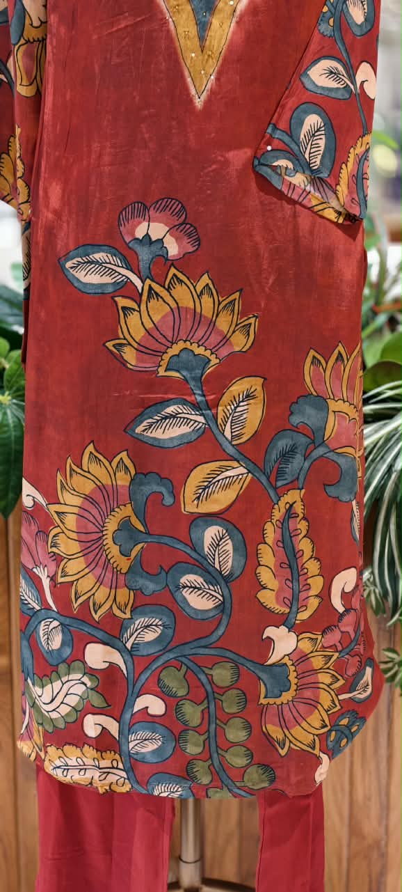 Flowy Crepe Kalamkari Print Sequin Touch Straight Full Suit Set With Dupatta- 16646