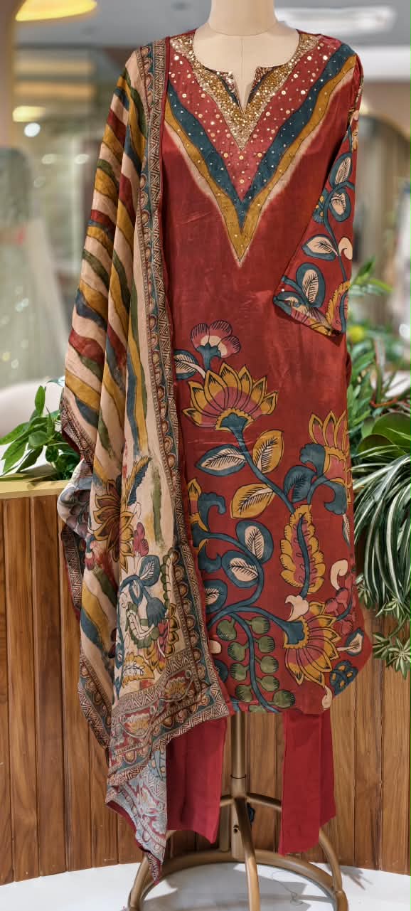 Flowy Crepe Kalamkari Print Sequin Touch Straight Full Suit Set With Dupatta- 16646