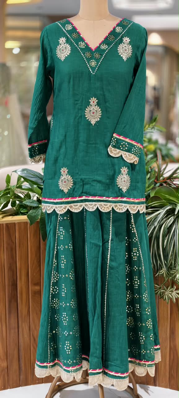 Pure Mul Chanderi Cut-Work Zardosi Embroidered Short Kurta with Flared Kali Panel Palazzo & Dupatta-16590