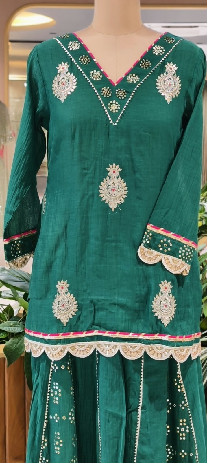 Pure Mul Chanderi Cut-Work Zardosi Embroidered Short Kurta with Flared Kali Panel Palazzo & Dupatta-16590