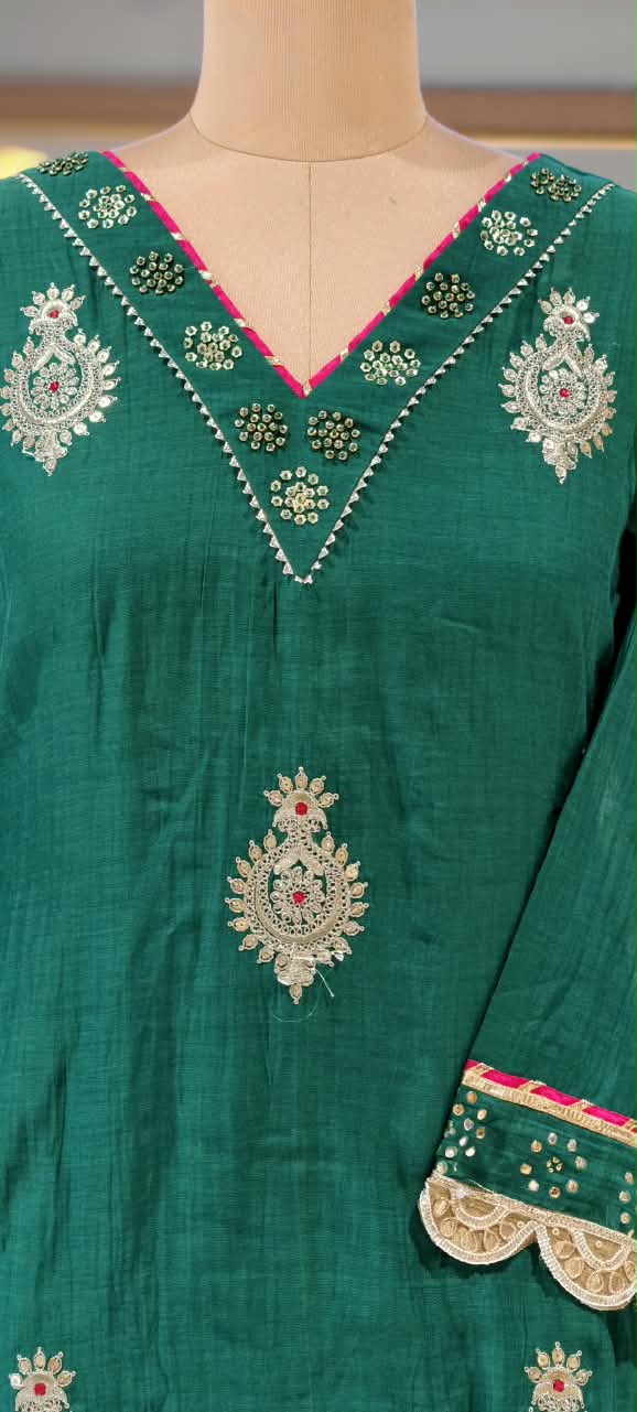 Pure Mul Chanderi Cut-Work Zardosi Embroidered Short Kurta with Flared Kali Panel Palazzo & Dupatta-16590