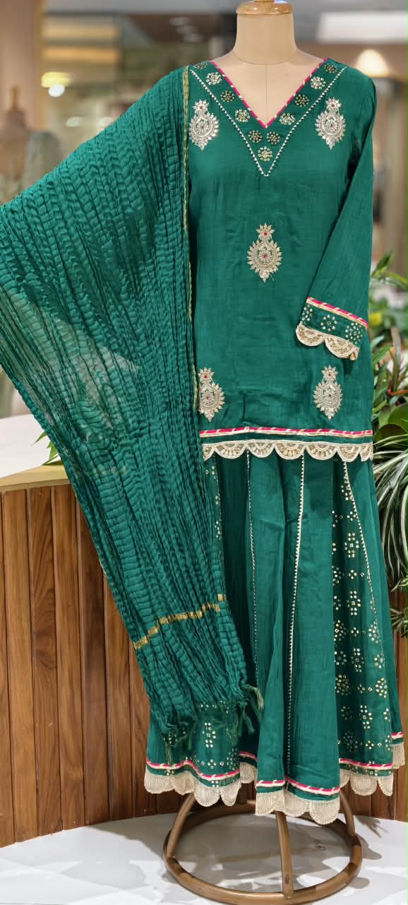 Pure Mul Chanderi Cut-Work Zardosi Embroidered Short Kurta with Flared Kali Panel Palazzo & Dupatta-16590