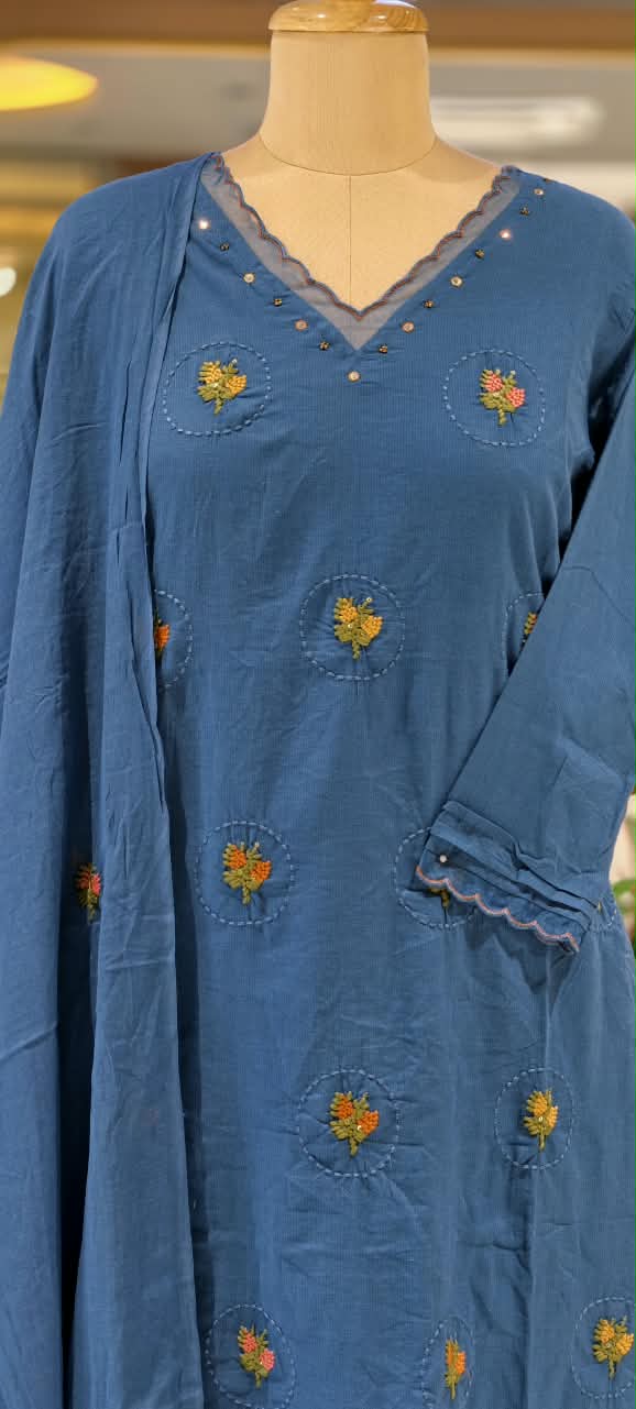 Silly Cotton Intricate Floral Thread Circle Embroidered V-Neck Full Suit Set With Dupatta- 16676
