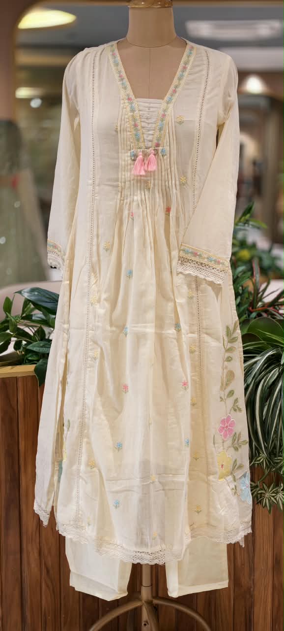 Pastel Shade Cute Floral Thread Embroidered Pleated Mul Cotton A-Line Full Suit Set with Dupatta- 16674