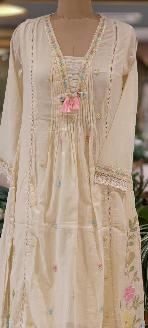 Pastel Shade Cute Floral Thread Embroidered Pleated Mul Cotton A-Line Full Suit Set with Dupatta- 16674