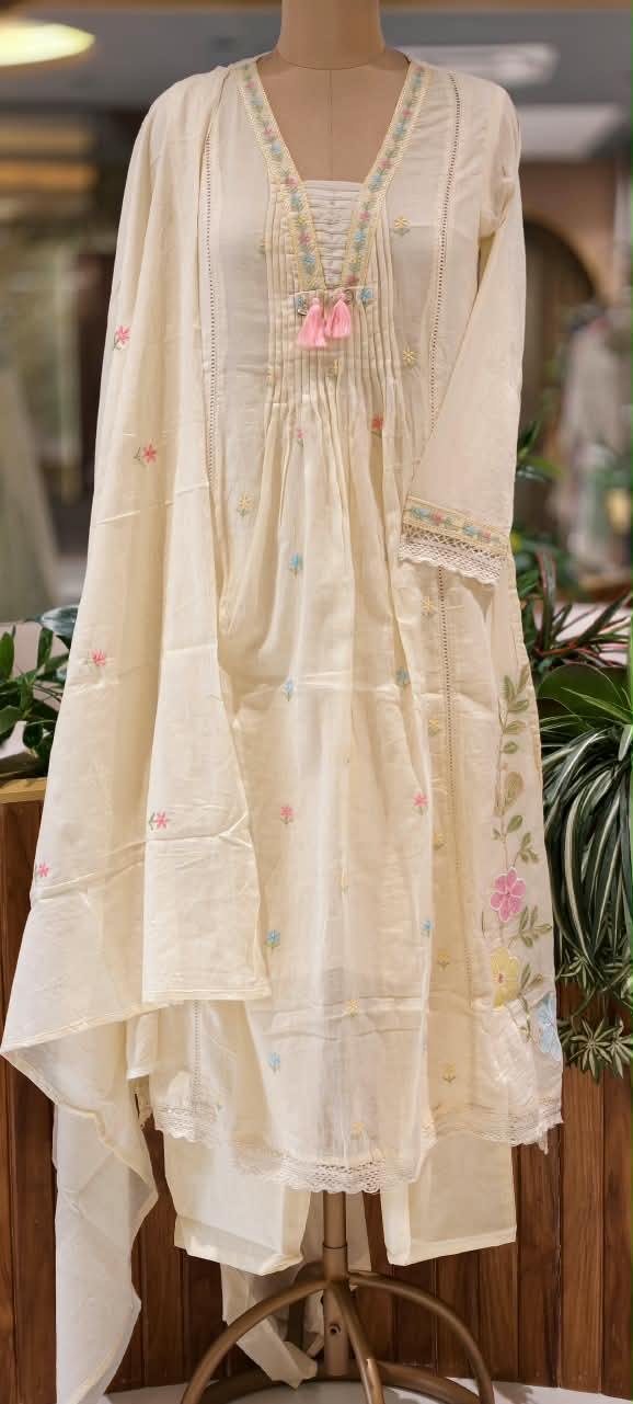 Pastel Shade Cute Floral Thread Embroidered Pleated Mul Cotton A-Line Full Suit Set with Dupatta- 16674