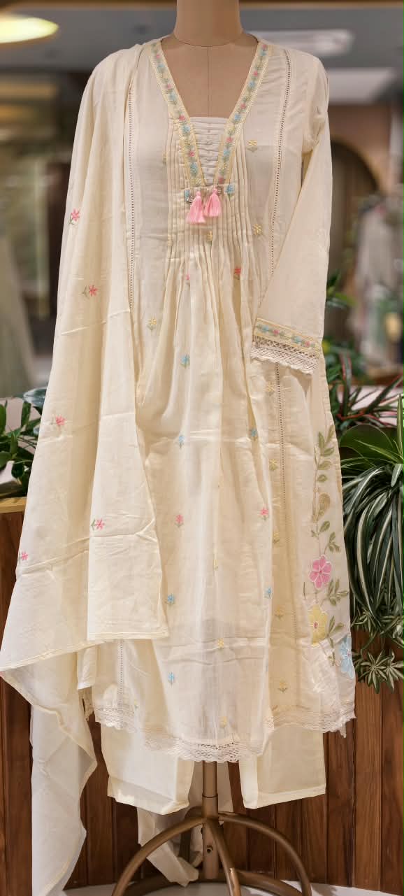 Pastel Shade Cute Floral Thread Embroidered Pleated Mul Cotton A-Line Full Suit Set with Dupatta- 16674