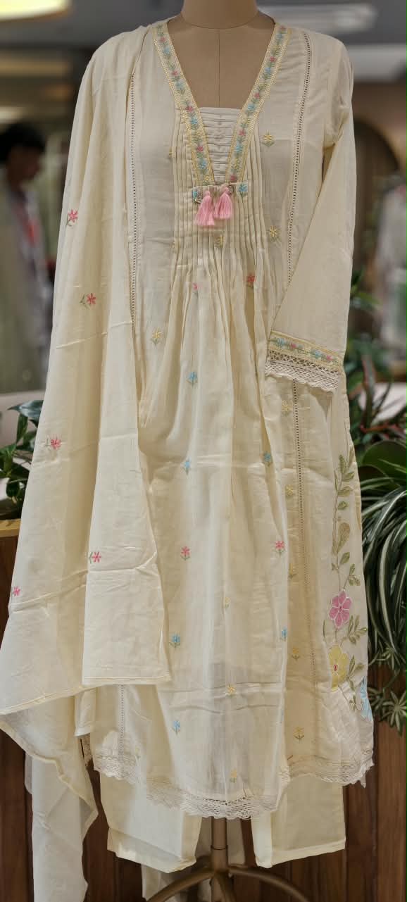 Pastel Shade Cute Floral Thread Embroidered Pleated Mul Cotton A-Line Full Suit Set with Dupatta- 16674