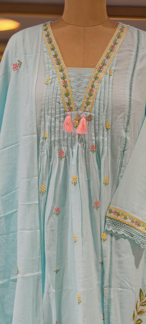 Pastel Shade Cute Floral Thread Embroidered Pleated Mul Cotton A-Line Full Suit Set with Dupatta- 16674