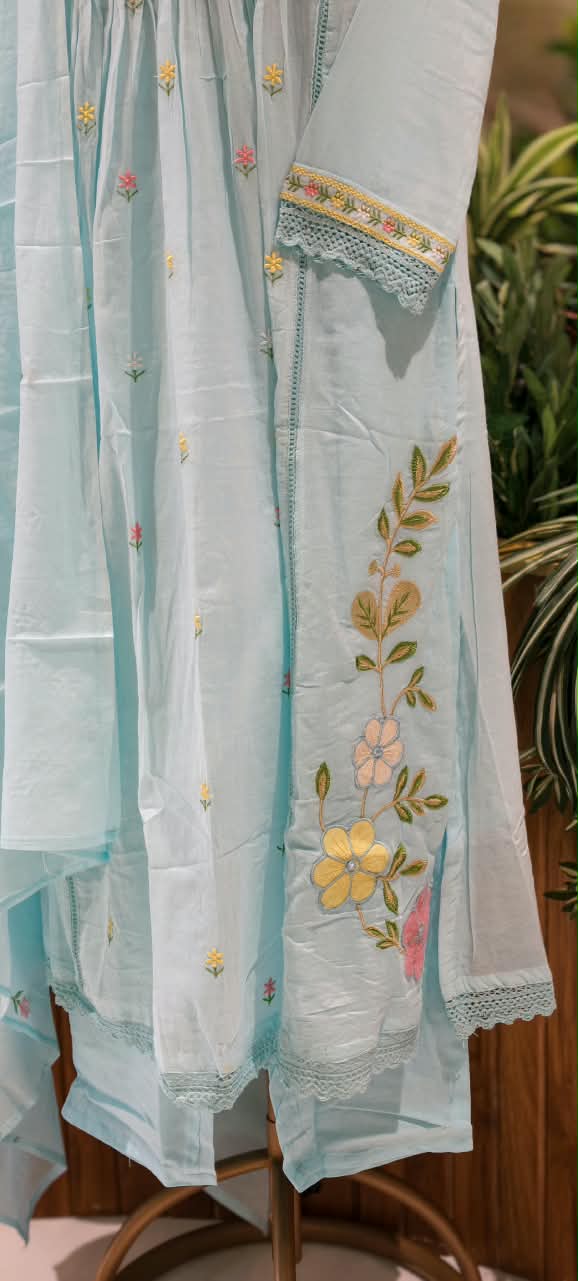Pastel Shade Cute Floral Thread Embroidered Pleated Mul Cotton A-Line Full Suit Set with Dupatta- 16674