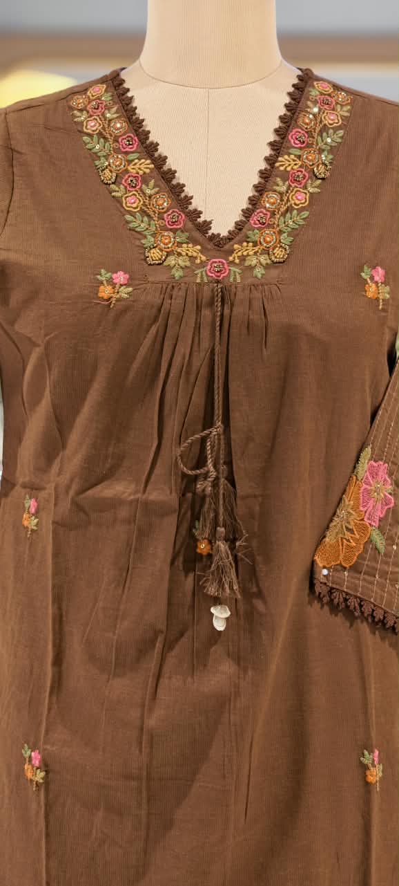 Silly Cotton Intricate Embroidery Over Neckline & Sleeves A-Line Cotton Full Suit Set With Dupatta- -16675