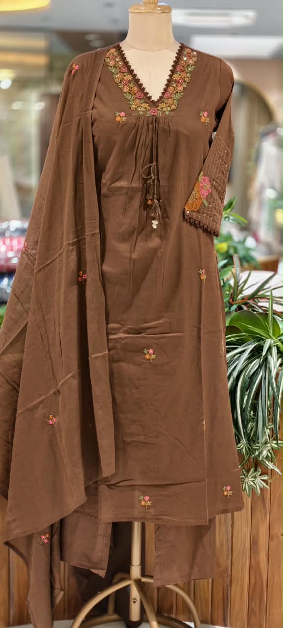 Silly Cotton Intricate Embroidery Over Neckline & Sleeves A-Line Cotton Full Suit Set With Dupatta- -16675