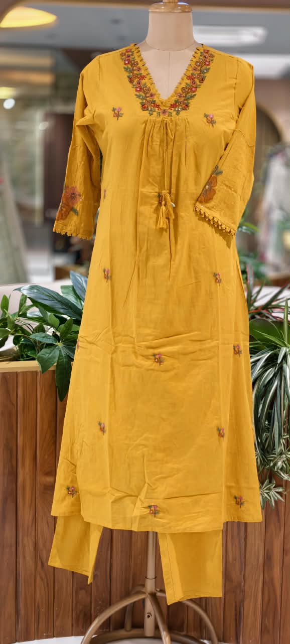 Silly Cotton Intricate Embroidery Over Neckline & Sleeves A-Line Cotton Full Suit Set With Dupatta- -16675