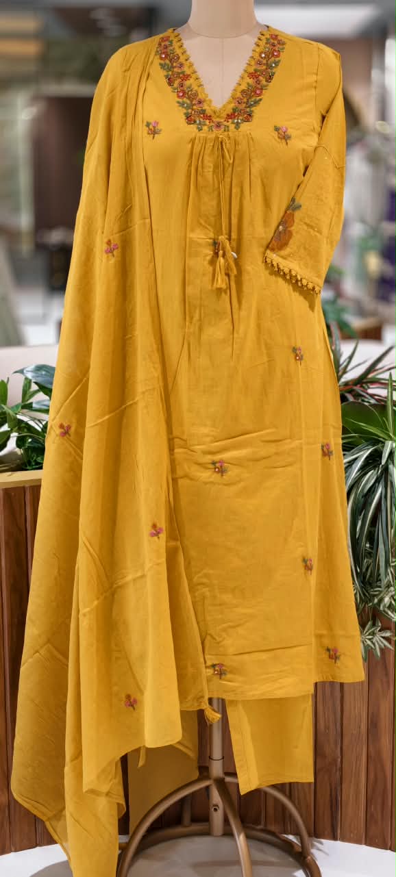 Silly Cotton Intricate Embroidery Over Neckline & Sleeves A-Line Cotton Full Suit Set With Dupatta- -16675