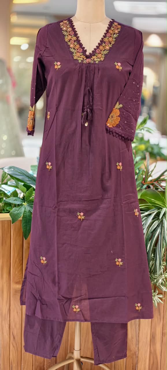 Silly Cotton Intricate Embroidery Over Neckline & Sleeves A-Line Cotton Full Suit Set With Dupatta- -16675