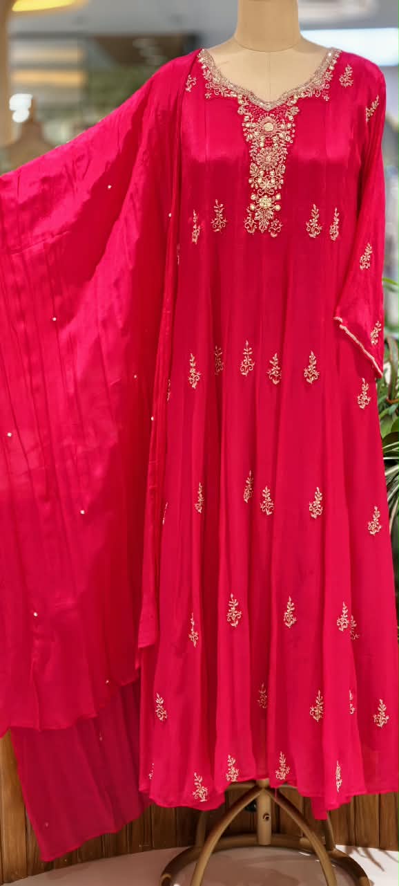 Chinon Party Wear Anarkali Full Suit Set With Dupatta With Elegant Hand Detailing Embroidery- 16669