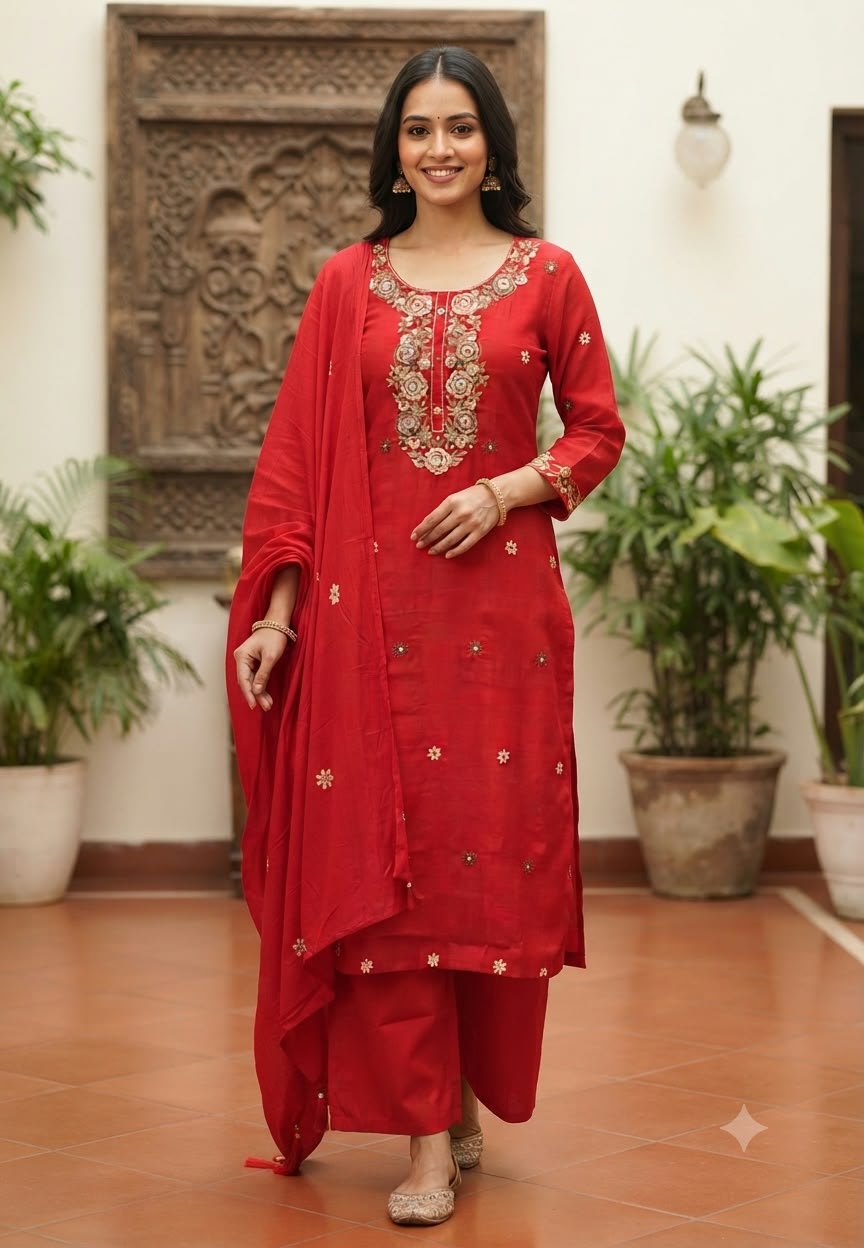 Floral Thread Embroidered with Mirror Work Surat Mul-Chandri Full Suit Set With Dupatta- 16678