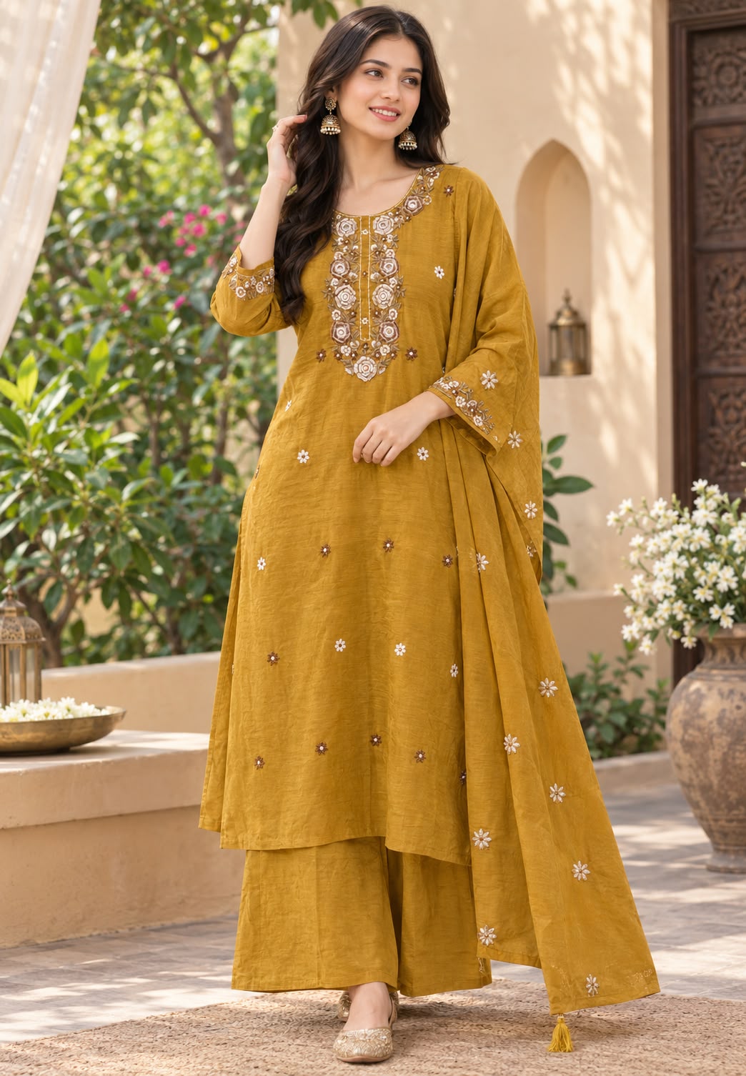 Floral Thread Embroidered with Mirror Work Surat Mul-Chandri Full Suit Set With Dupatta- 16678