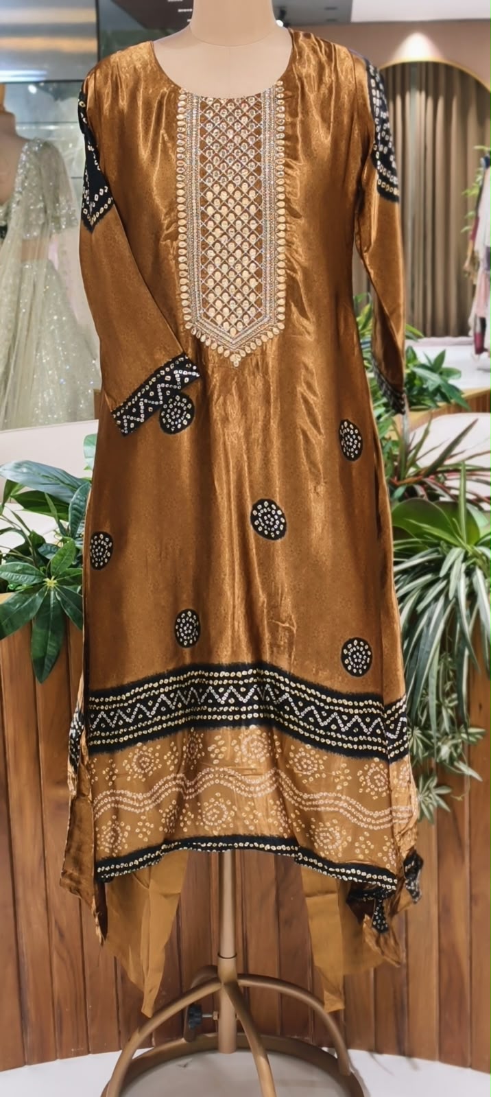 Pure Gajji Silk Bandhani Print Embroidered Neck Full Suit With Gajji Silk Dupatta and Bottom- 16685