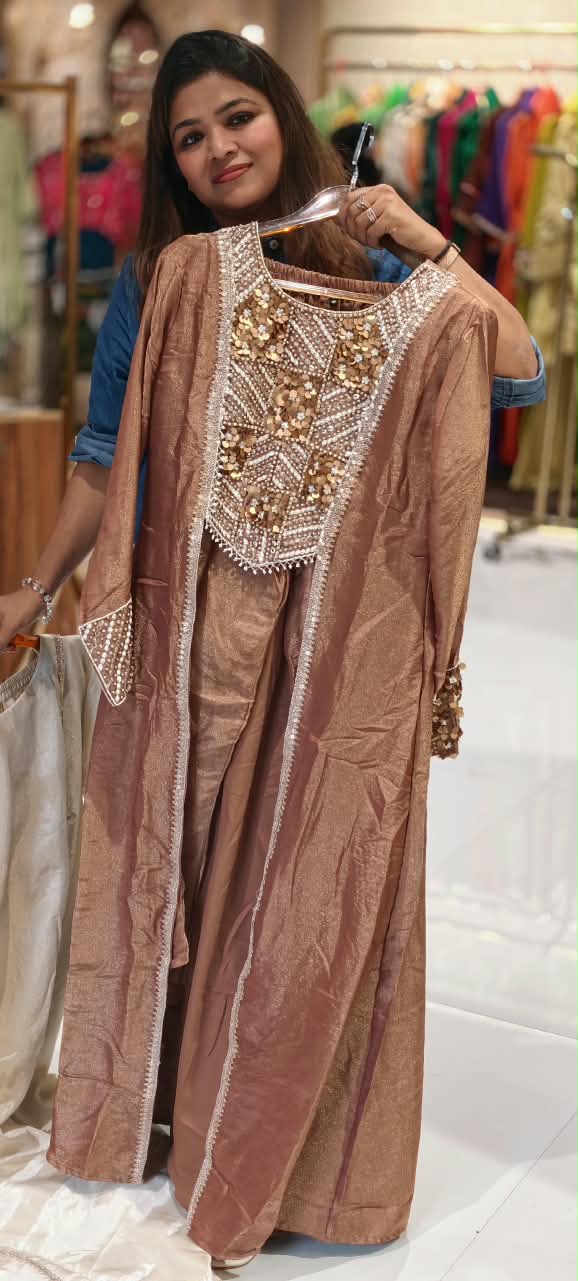 Embroidered Yoke Stylish Sleeves Tissue Fabric Indo-Western Top With Loose Bottom- 16726