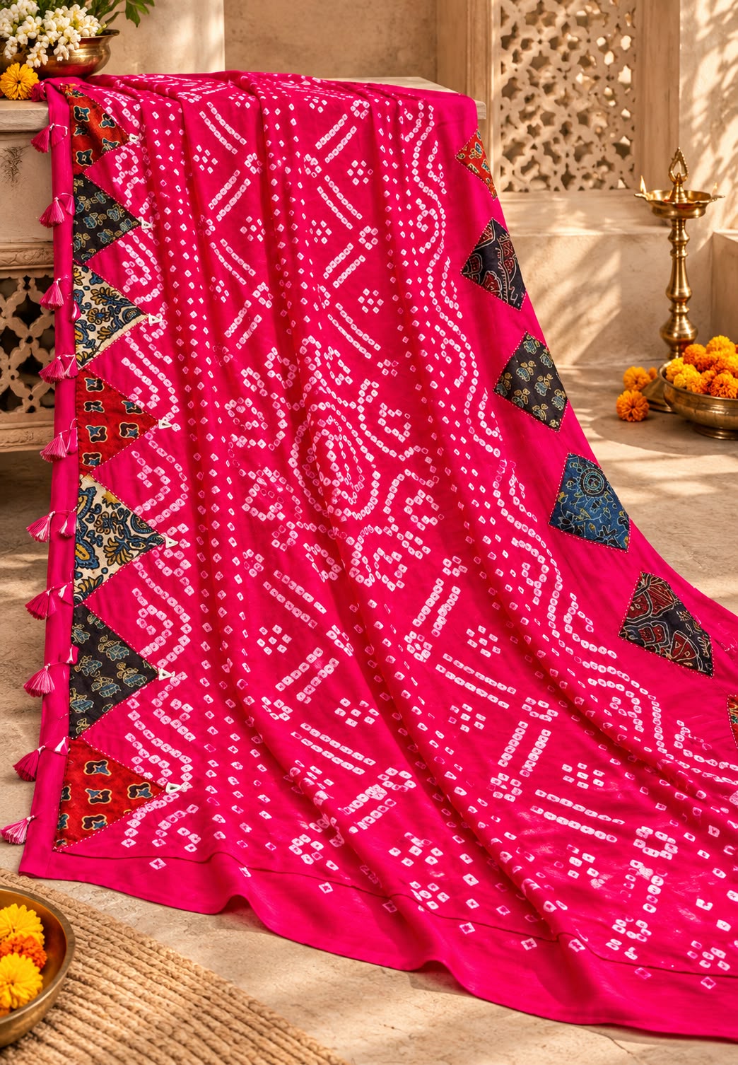 Elegant Mudal Muslin Saree with Handcrafted Ajrak Print Patchwork Detailing & Unstitched Blouse Piece-16648