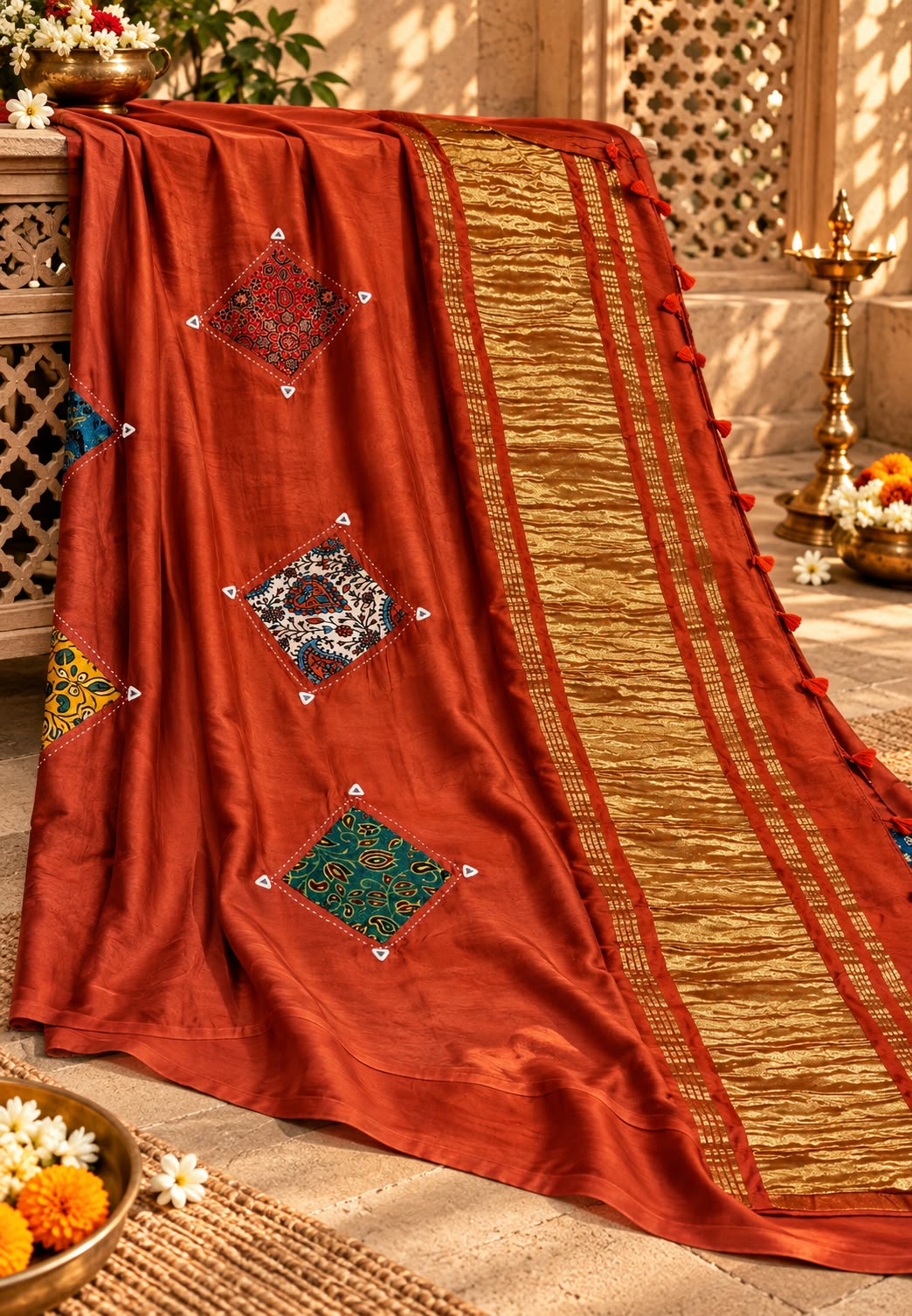 Elegant Mural Satin Saree with Artisanal Patchwork Detailing & Unstitched Blouse-16647