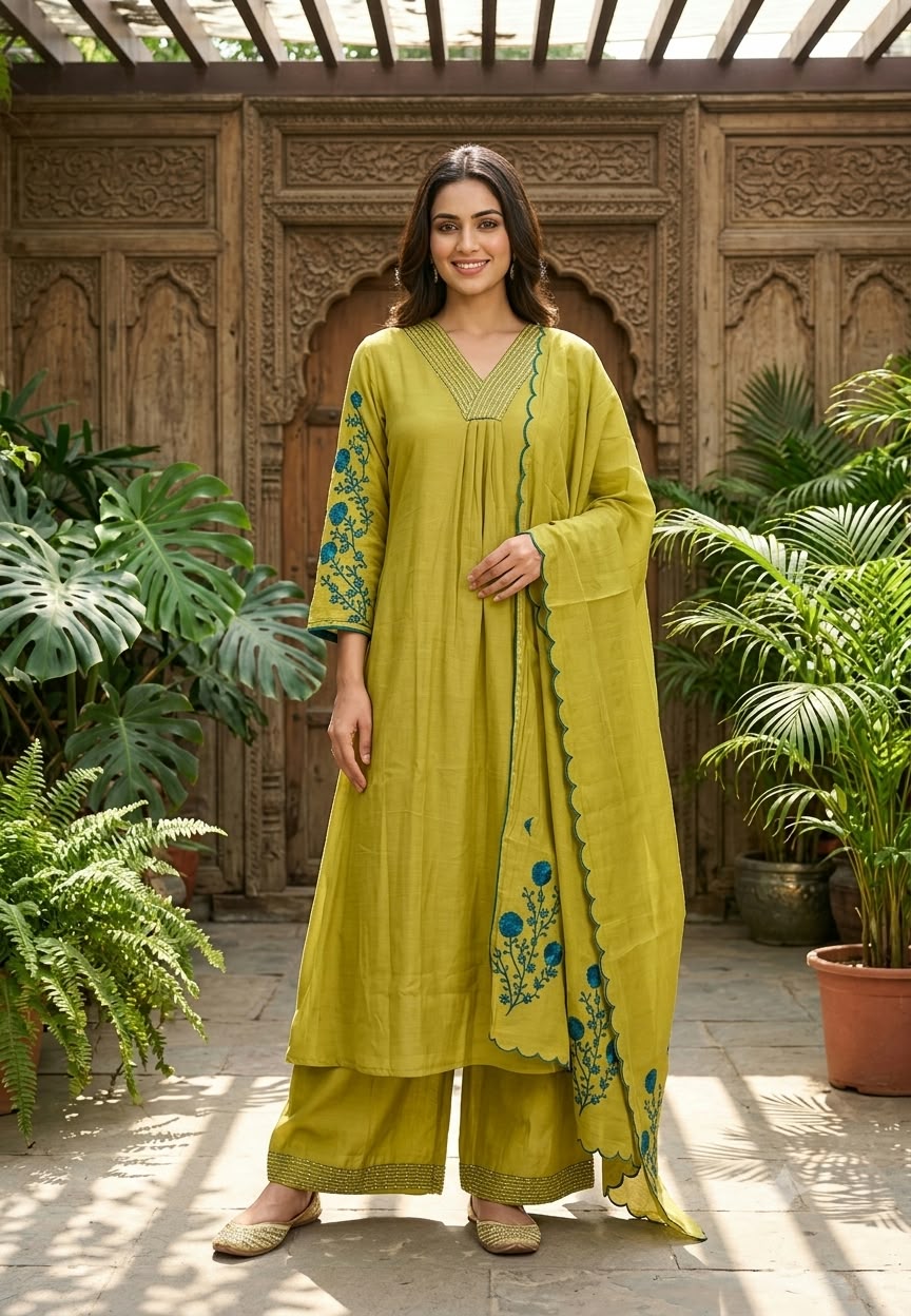 Thread Embroidered Sleeves V-Neck Green Red Shade Surat Mul-Chanderi Aline Full Suit Set- 16629 16630