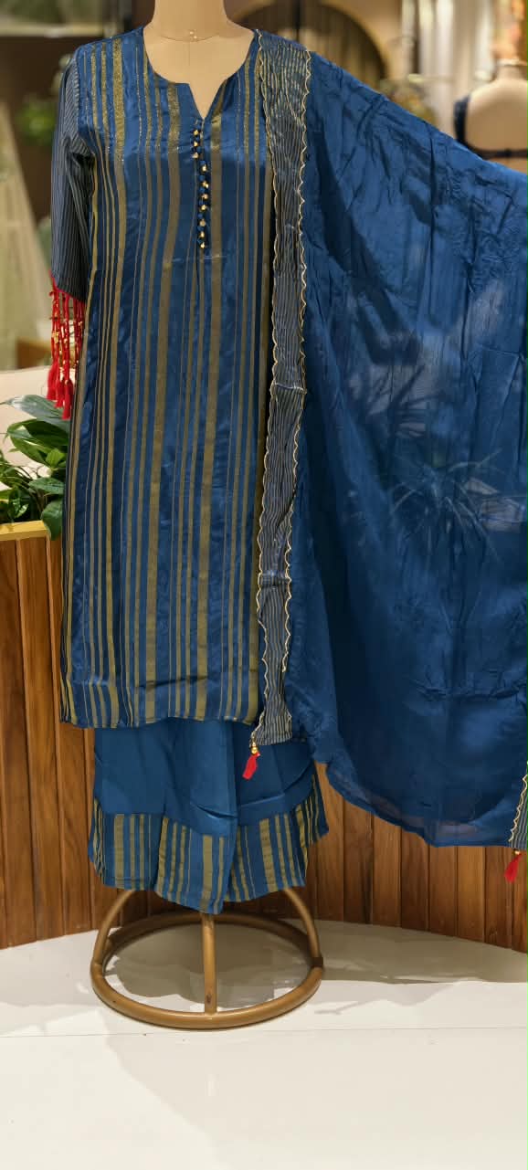 Elegant Striped Ethnic Full Suit Set with Metallic Gold Lines and Stylish Button Detailed with Latkans in Sleeves- 16718