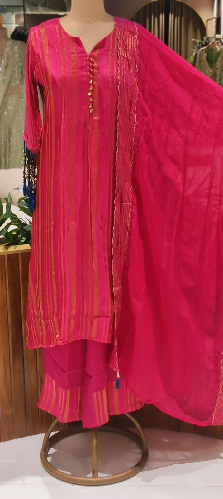 Elegant Striped Ethnic Full Suit Set with Metallic Gold Lines and Stylish Button Detailed with Latkans in Sleeves- 16718