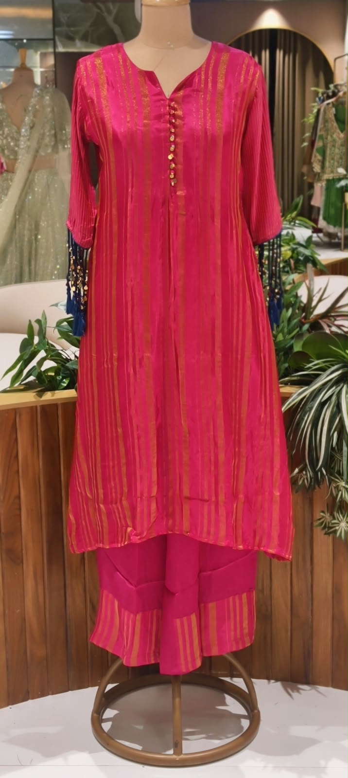 Elegant Striped Ethnic Full Suit Set with Metallic Gold Lines and Stylish Button Detailed with Latkans in Sleeves- 16718