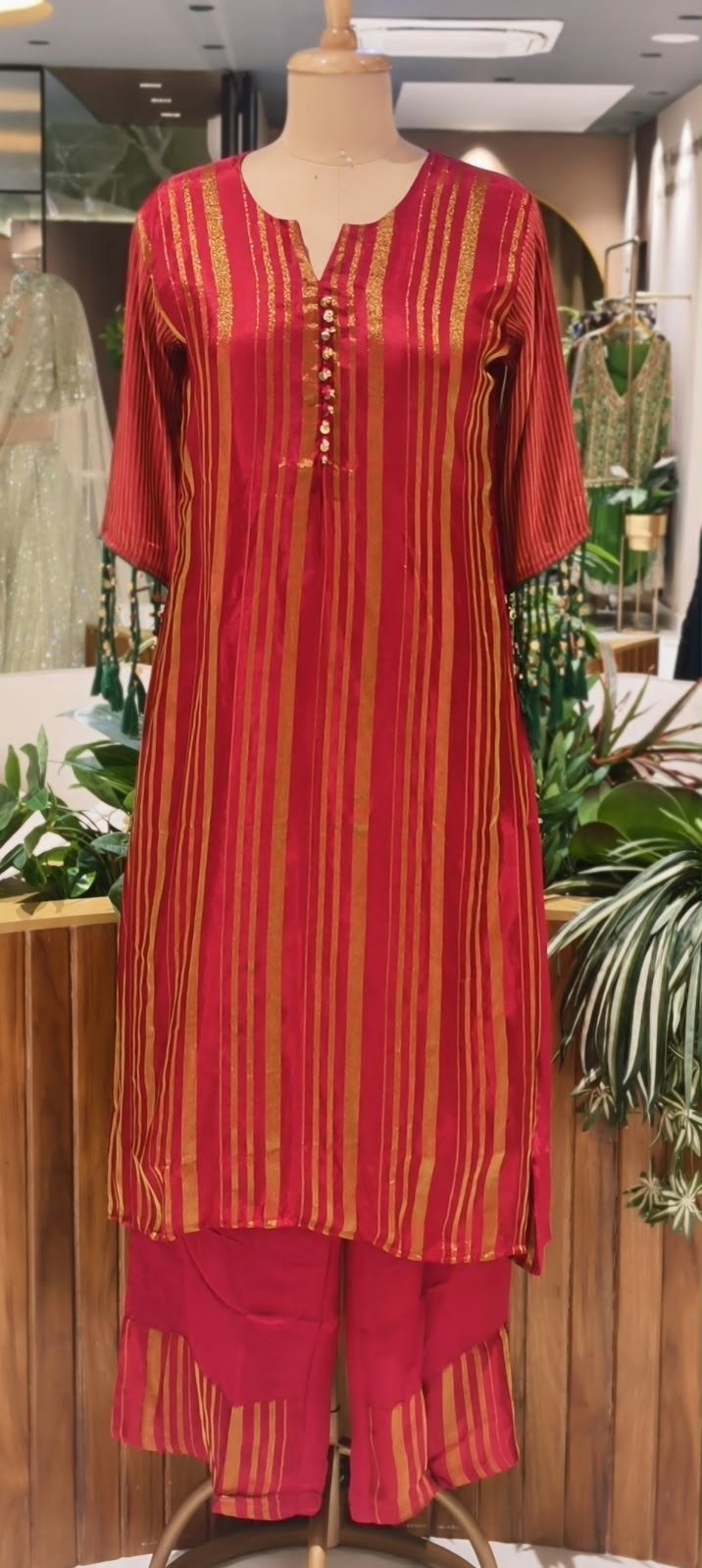 Elegant Striped Ethnic Full Suit Set with Metallic Gold Lines and Stylish Button Detailed with Latkans in Sleeves- 16718