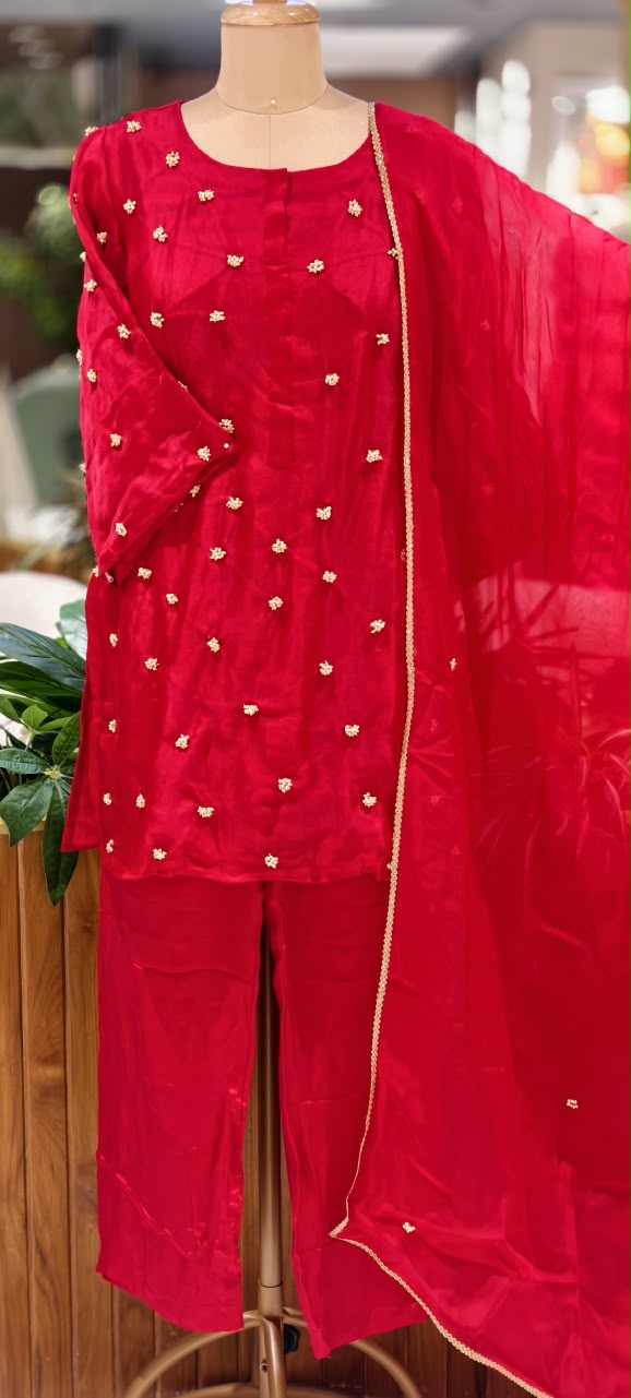 Designer Pure Organza Scattered Pearl Jewel Work Detailing Kurta with Bottom and Dupatta- 16728