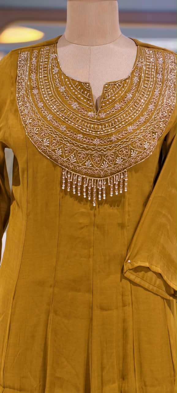 Banarasi Mul-Chanderi Crystal Tassels Zardosi Embroidered A-Line Full Suit Set With Dupatta- 16641