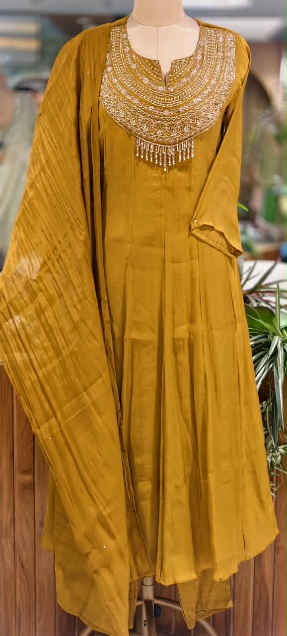 Banarasi Mul-Chanderi Crystal Tassels Zardosi Embroidered A-Line Full Suit Set With Dupatta- 16641