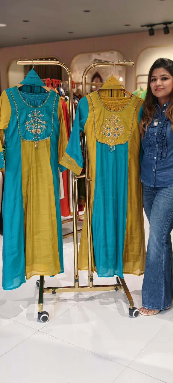 Surat Mul-Chanderi Zardozi Embroidered Yoke Contrast Shade Aline Full Suit Set With Dupatta- 16713
