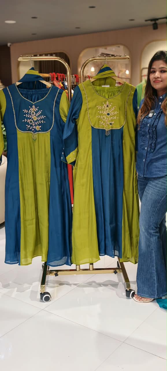 Dual Shade Aline Surat Mul-Chanderi Embroidered Yoke Full Suit Set With Dupatta- 16714