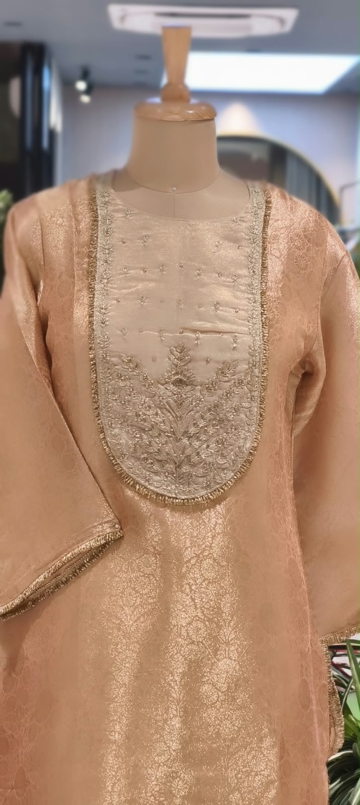 Tissue Brocade U-Yoke Zardosi Hand-Touch Short Length Kurta With Golden Lace Detailing Matching Bottom & Dupatta- 16595