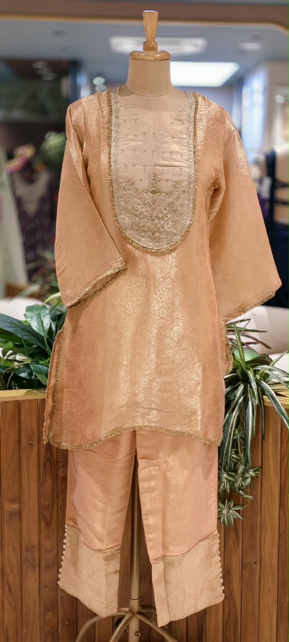 Tissue Brocade U-Yoke Zardosi Hand-Touch Short Length Kurta With Golden Lace Detailing Matching Bottom & Dupatta- 16595