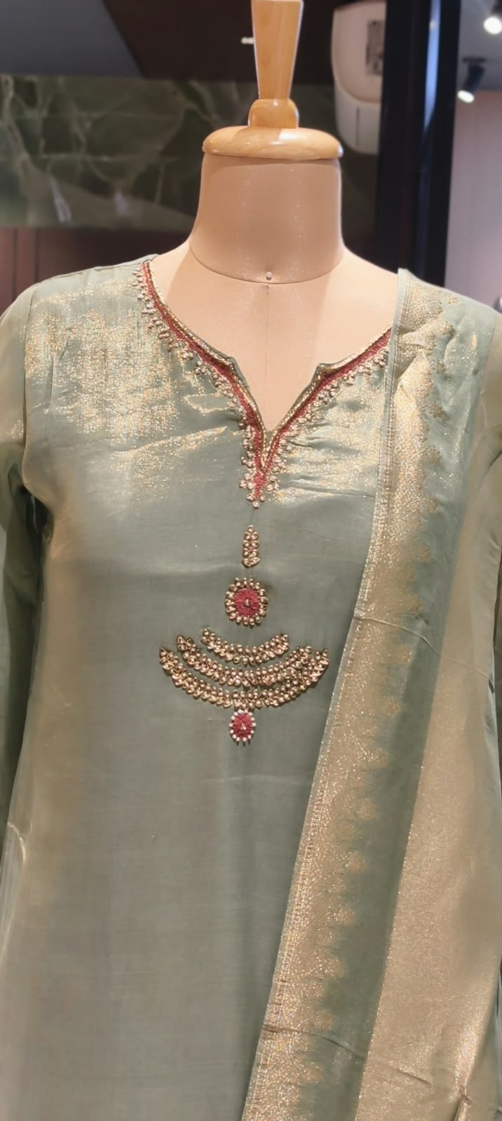 Pearl Kundan Neckline Shimmer Tissue Short Length Kurta With Matching Panel Palazzo Bottom & Dupatta- 16596