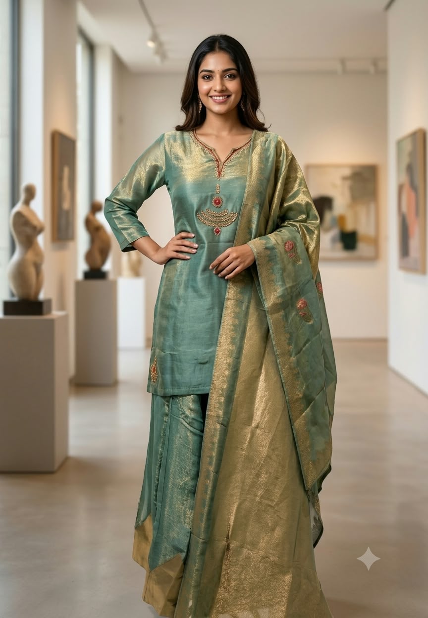 Pearl Kundan Neckline Shimmer Tissue Short Length Kurta With Matching Panel Palazzo Bottom & Dupatta- 16596