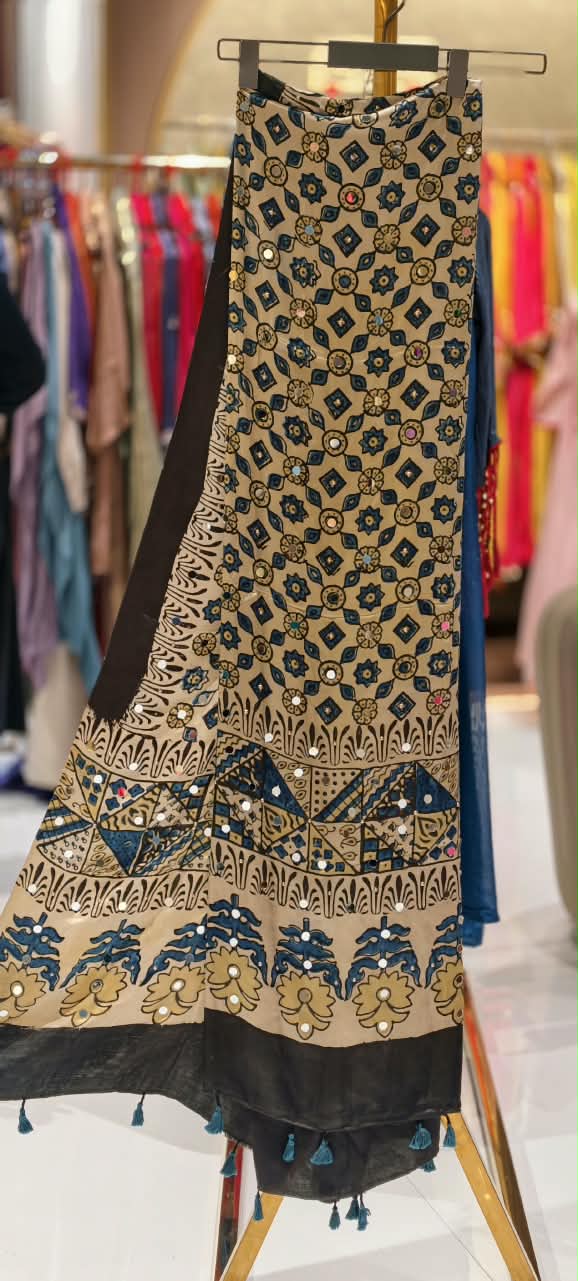 Ajrak Print Dupatta Mural Satin Fabric With Stick on Real Mirror Work- 16398