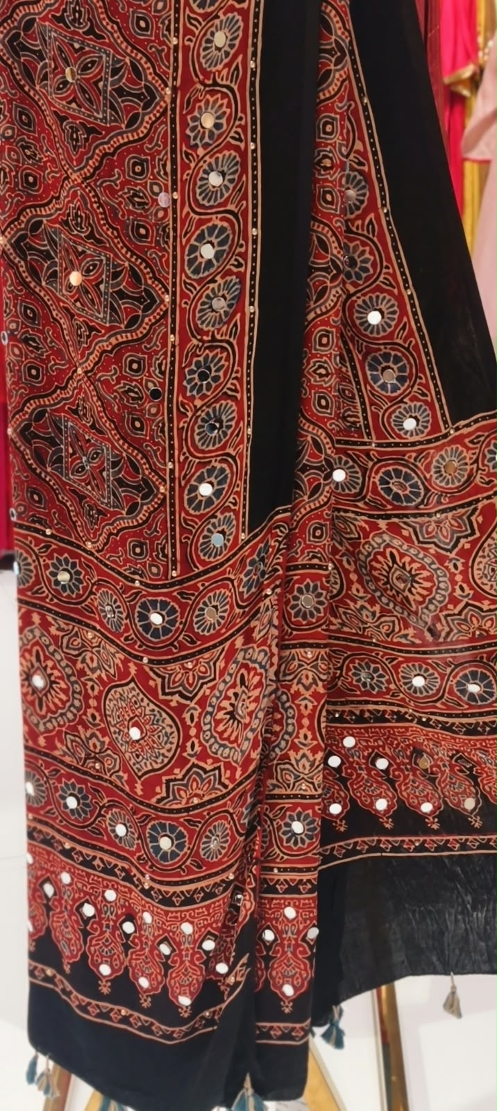 Ajrak Print Dupatta Mural Satin Fabric With Stick on Real Mirror Work- 16398