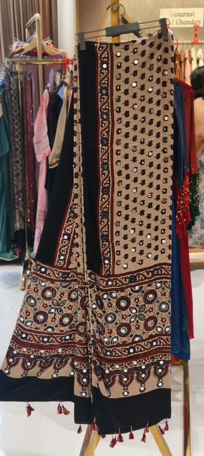 Ajrak Print Dupatta Mural Satin Fabric With Stick on Real Mirror Work- 16398