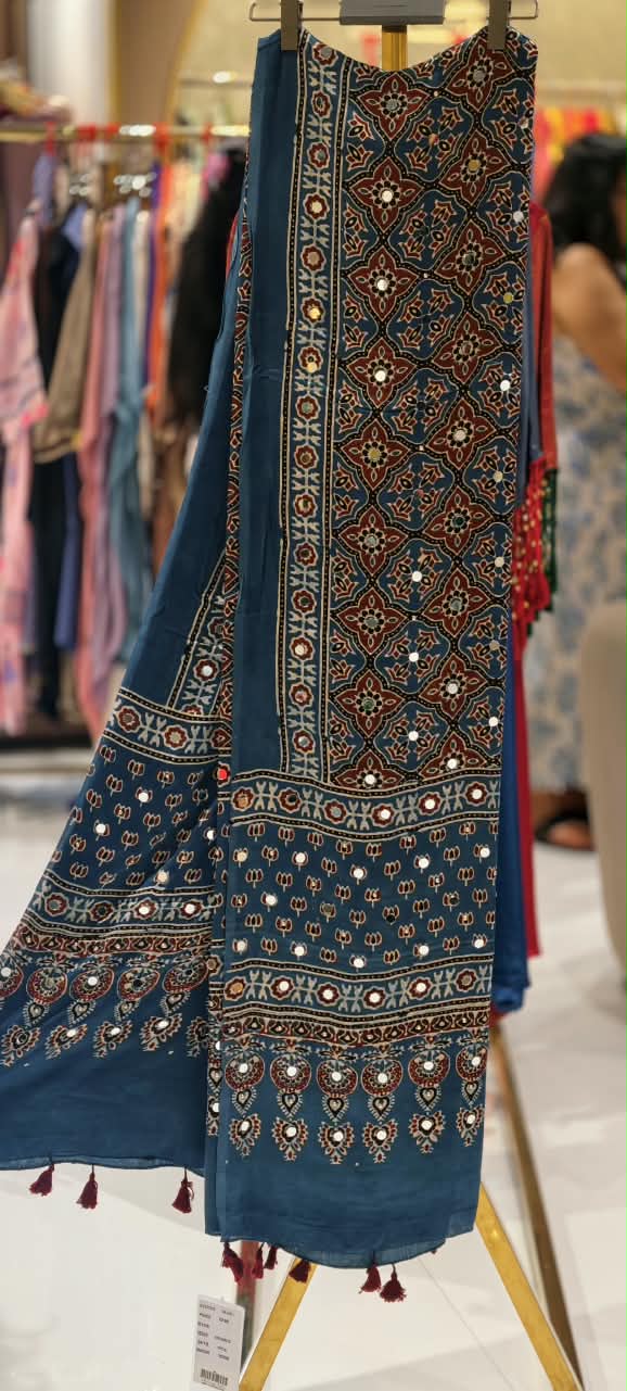 Ajrak Print Dupatta Mural Satin Fabric With Stick on Real Mirror Work- 16398
