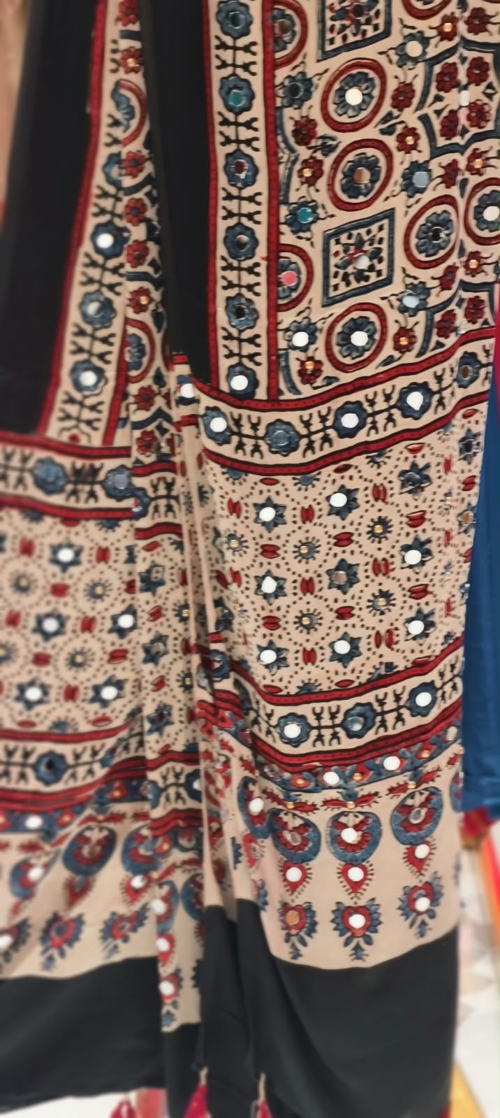 Ajrak Print Dupatta Mural Satin Fabric With Stick on Real Mirror Work- 16398